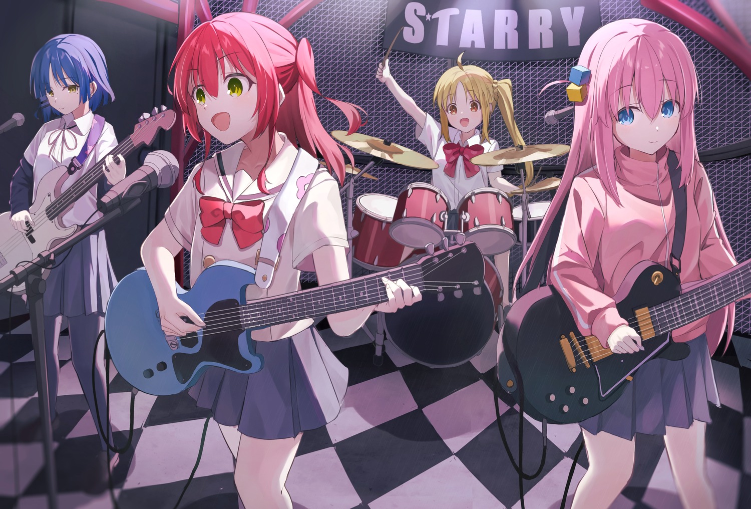 bocchi_the_rock! gotou_hitori guitar gym_uniform ijichi_nijika kita_ikuyo pantyhose pension_z seifuku sweater yamada_ryou