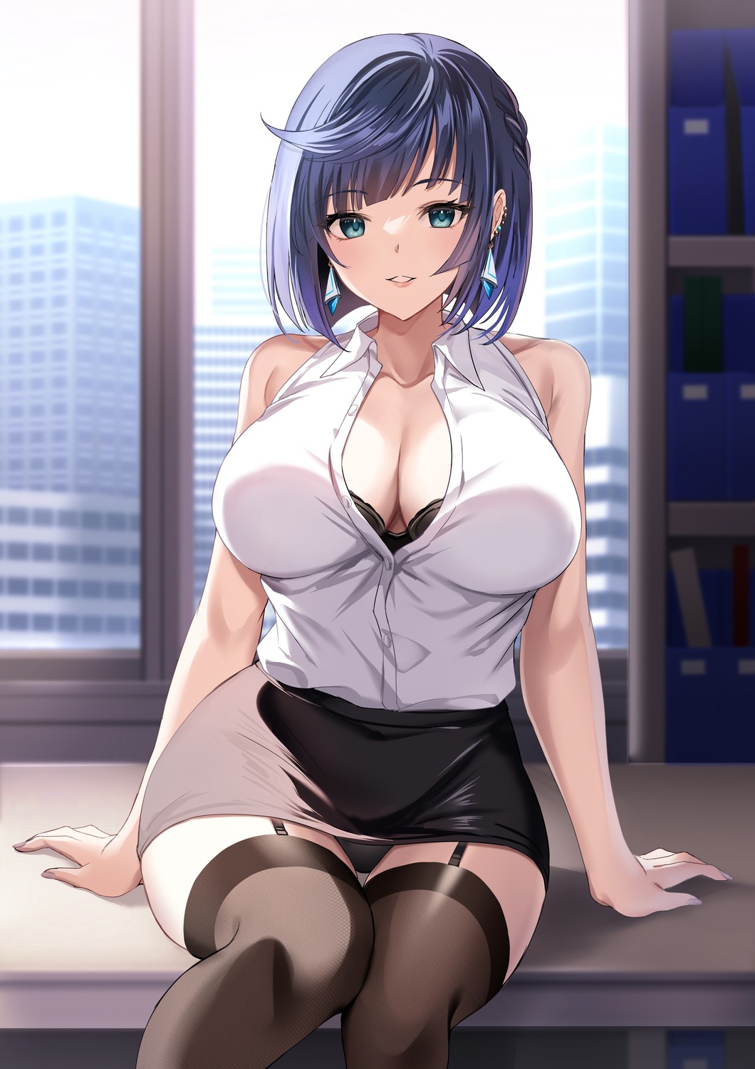 bra dress_shirt genshin_impact harimoji open_shirt pantsu skirt_lift stockings thighhighs yelan