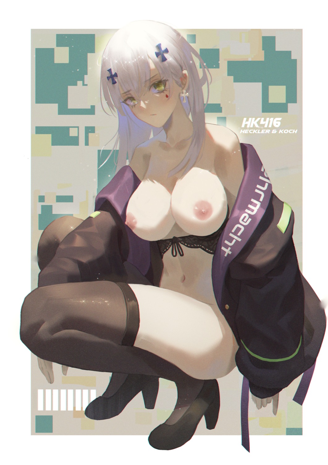 bottomless bra breasts cirilla girls_frontline heels hk416_(girls_frontline) nipples open_shirt thighhighs