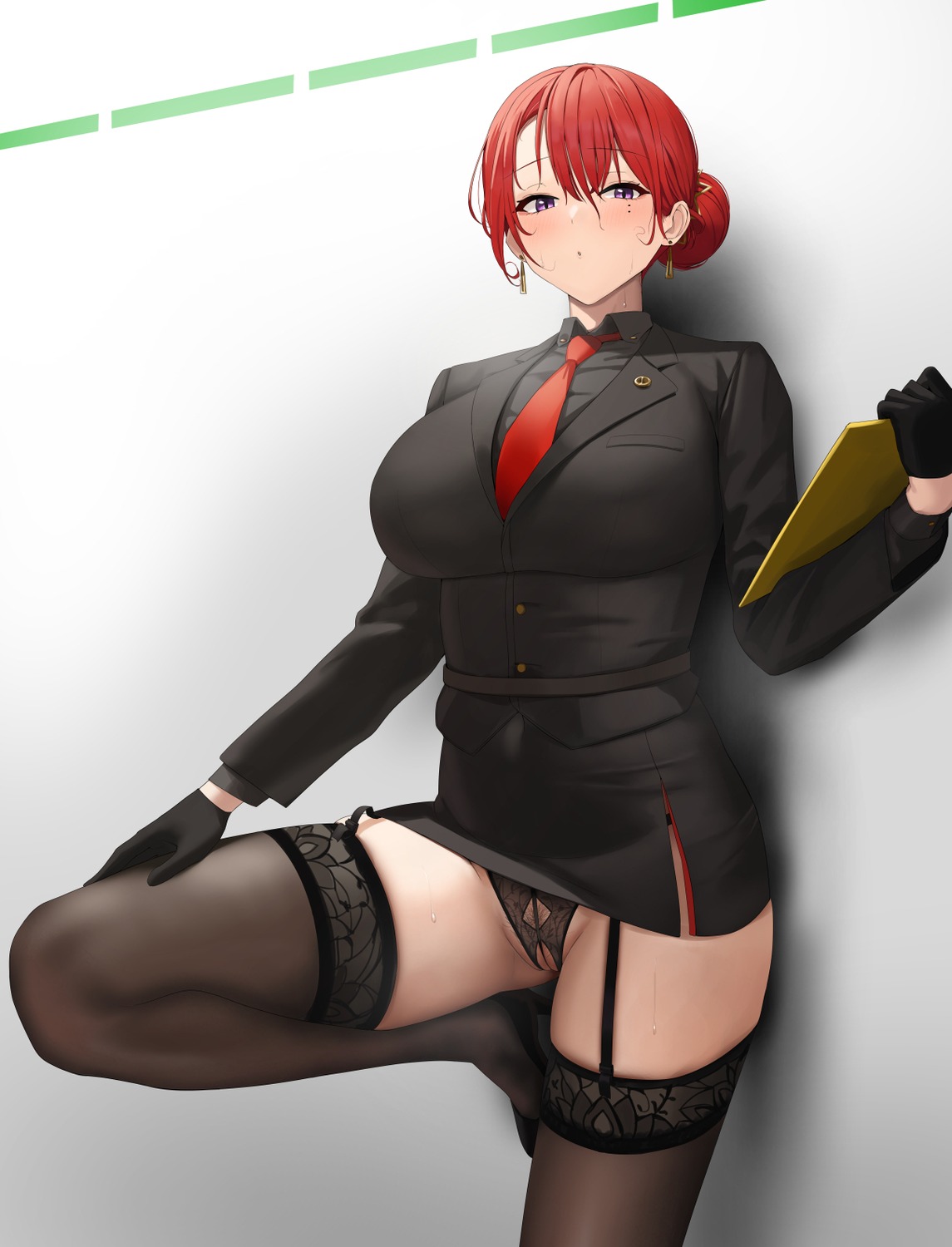 business_suit c-77_hongryeon chela77 heels last_origin pantsu pubic_hair see_through skirt_lift stockings thighhighs thong