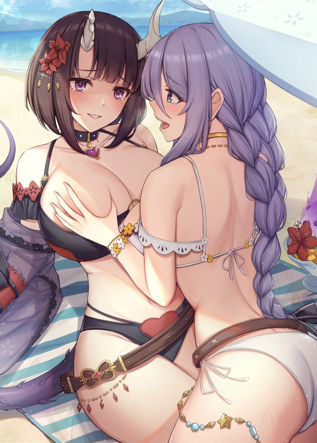 ass bikini breast_grab fou_zi horns hoshino_shizuru kuraishi_eriko nipple_slip princess_connect princess_connect!_re:dive swimsuits tail yuri