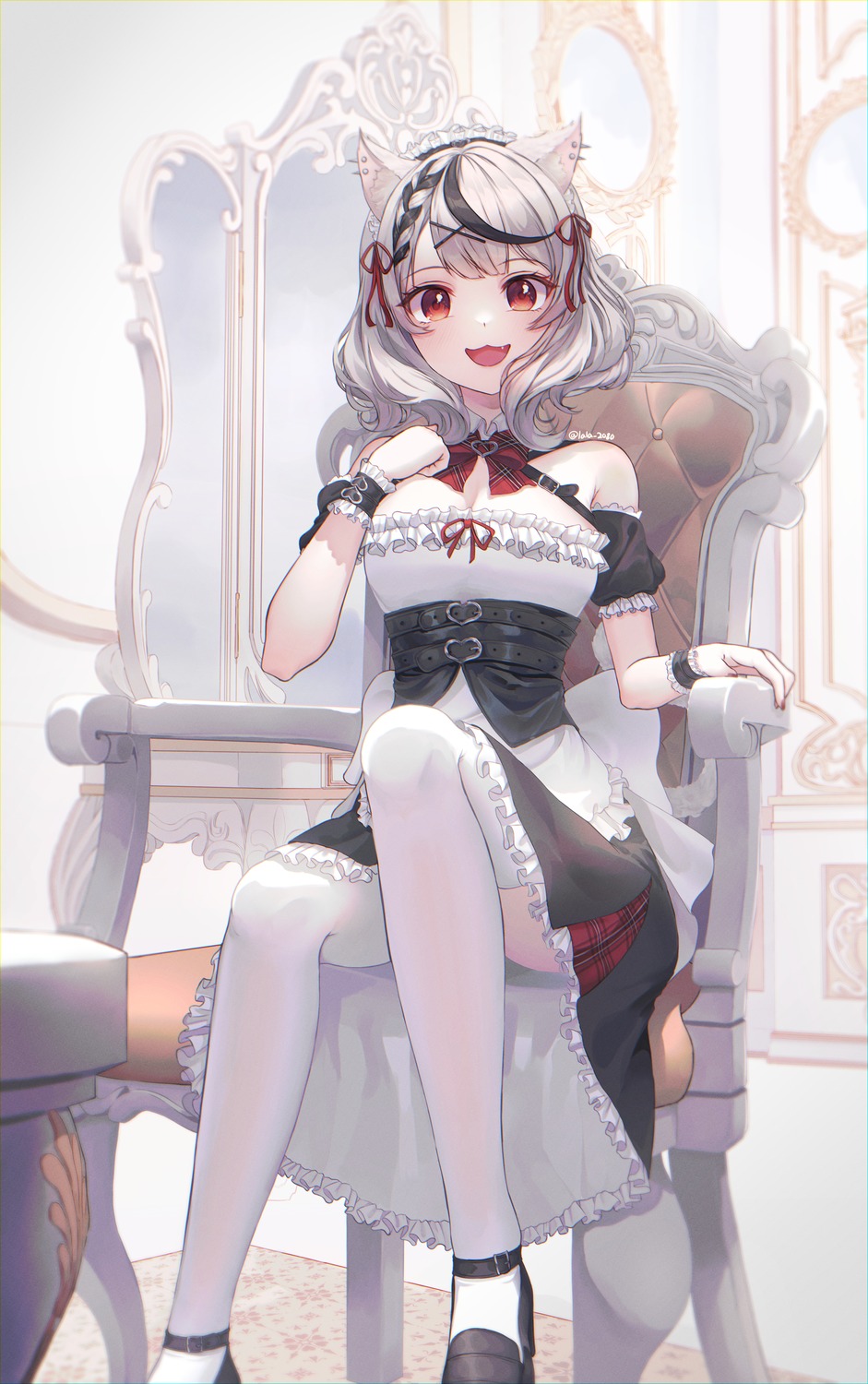 animal_ears hololive lala_(pixiv_42039091) maid nekomimi no_bra sakamata_chloe tail thighhighs