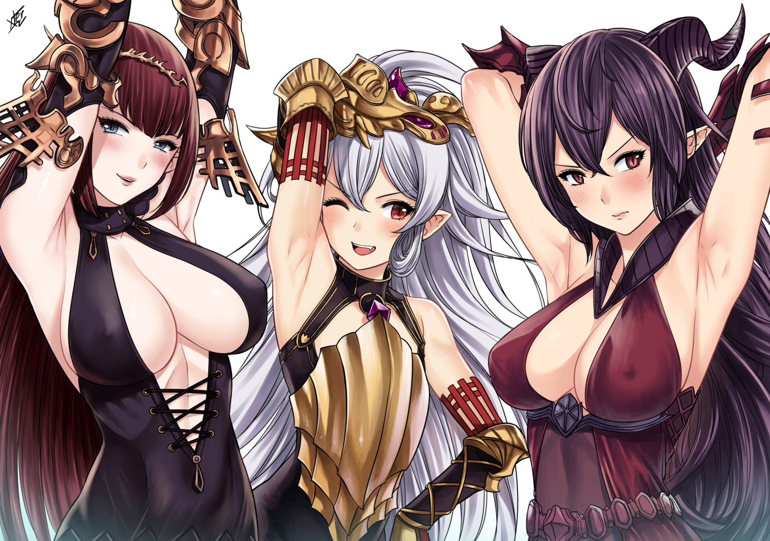 armor cleavage dress erect_nipples euryale_(shingeki_no_bahamut) granblue_fantasy horns leotard medusa_(shingeki_no_bahamut) no_bra pointy_ears shingeki_no_bahamut stheno_(shingeki_no_bahamut) xtermination