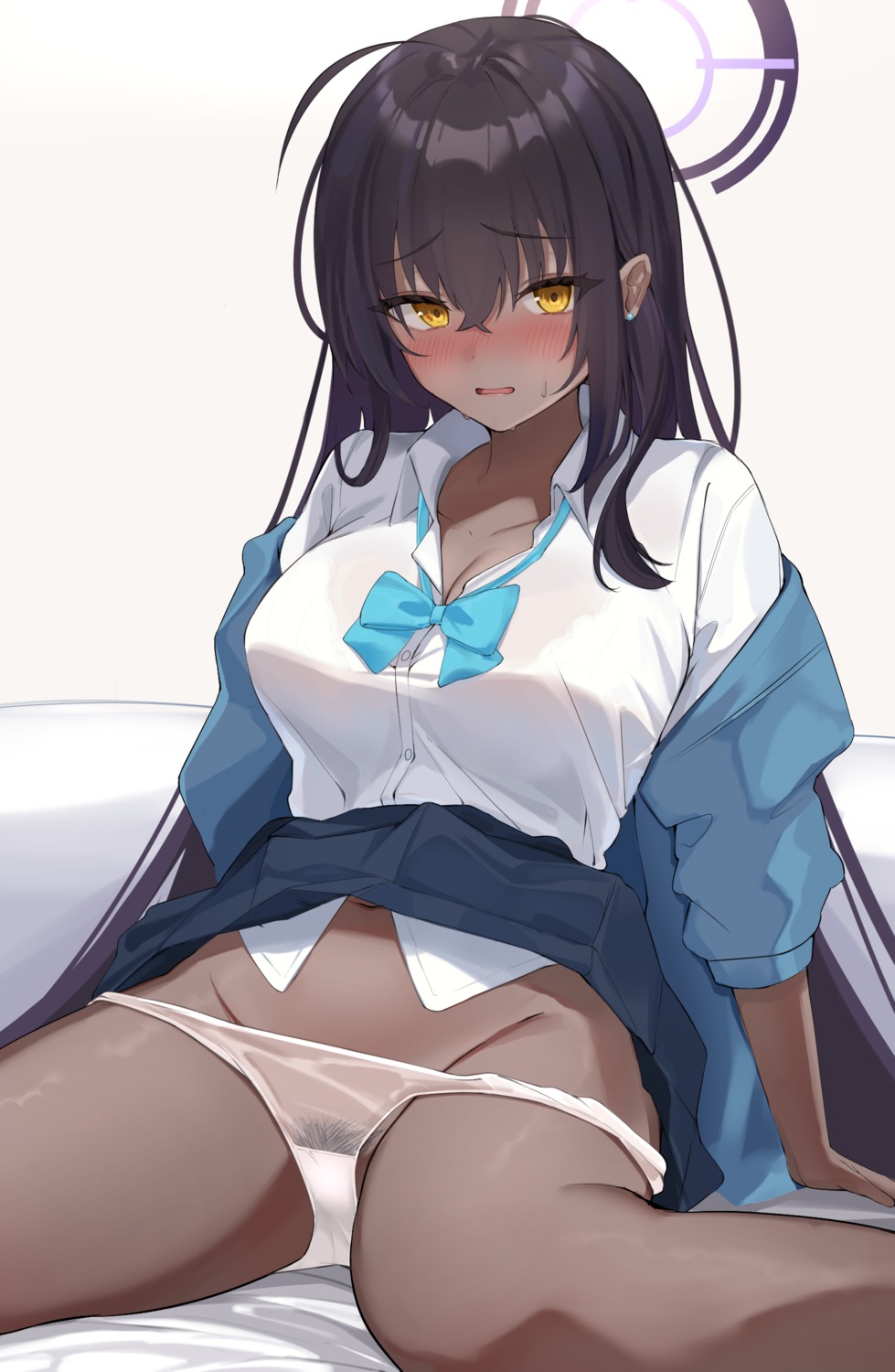 blue_archive bra dairiseki_(artist) halo kakudate_karin pantsu panty_pull pubic_hair see_through seifuku skirt_lift sweater