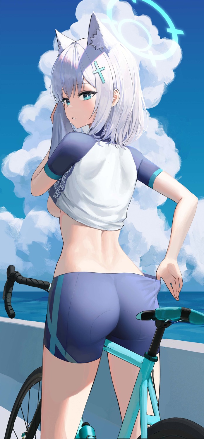 animal_ears ass bike_shorts blue_archive damcheong halo nekomimi no_bra shirt_lift sunaookami_shiroko