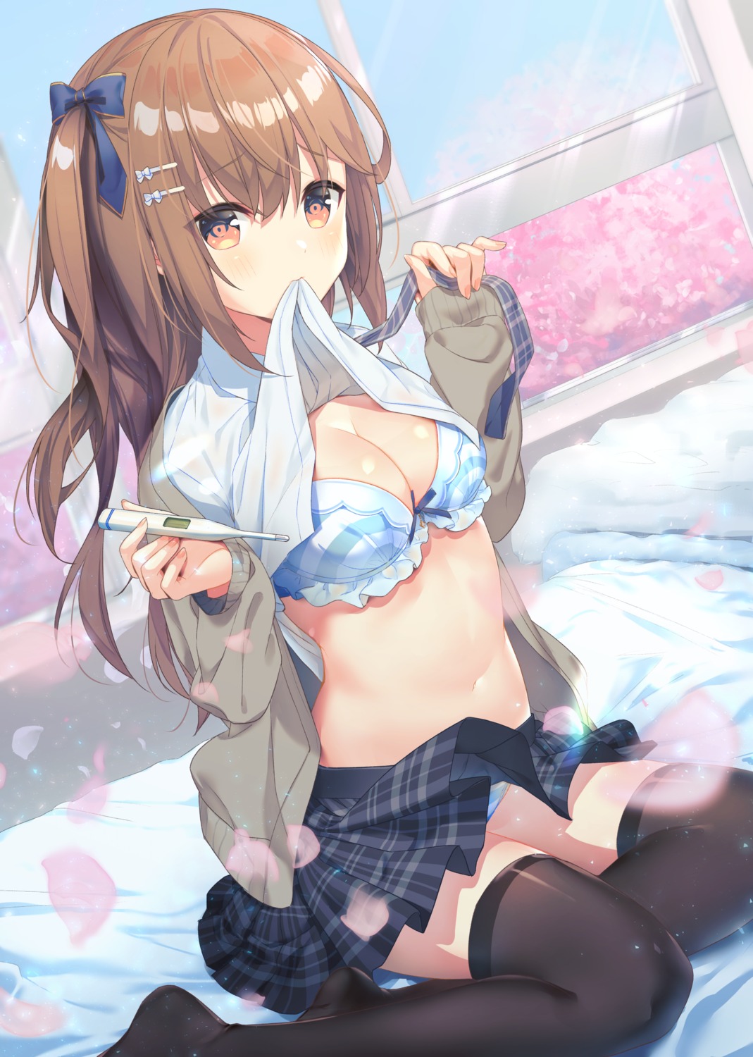 bra cleavage cona_kinaco open_shirt pantsu seifuku shimapan shirt_lift skirt_lift sweater thighhighs