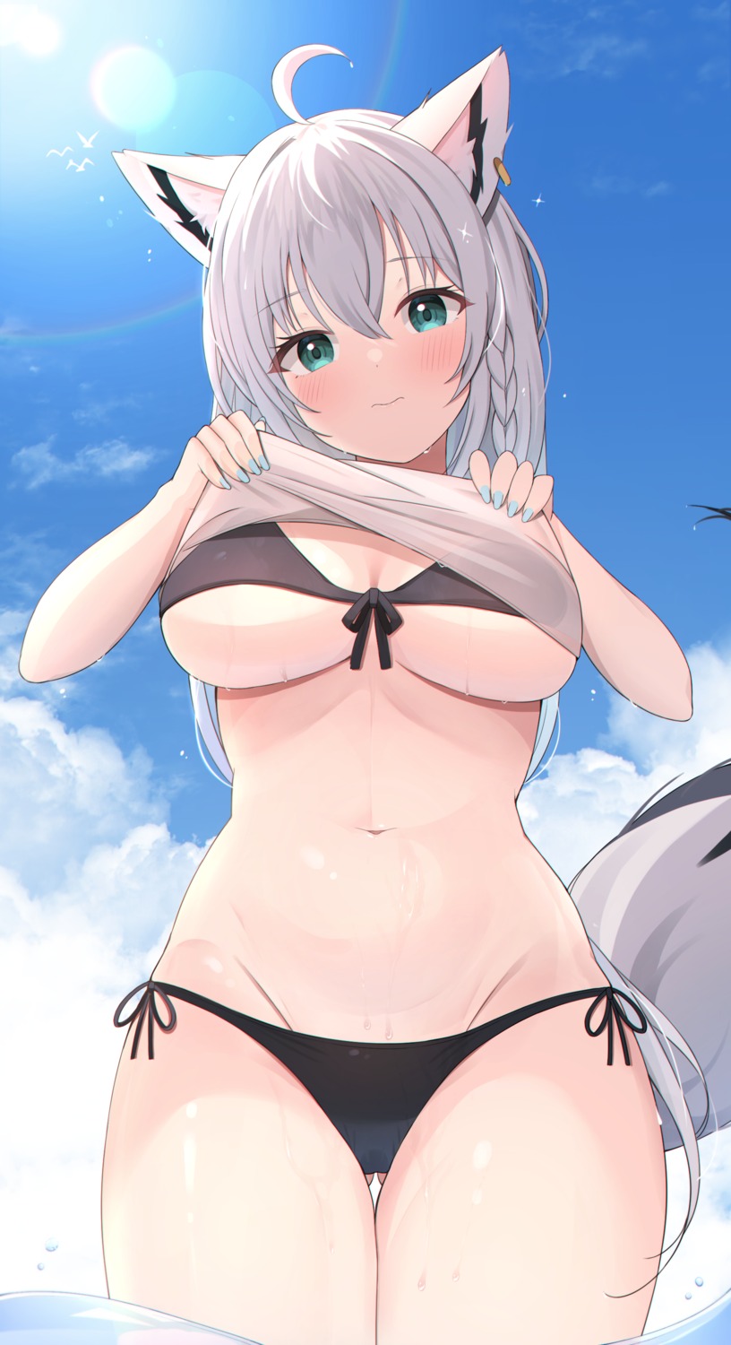 animal_ears bikini hololive hololive_gamers kitsune see_through shirakami_fubuki shirt_lift starfox1015 swimsuits tail undressing wet wet_clothes