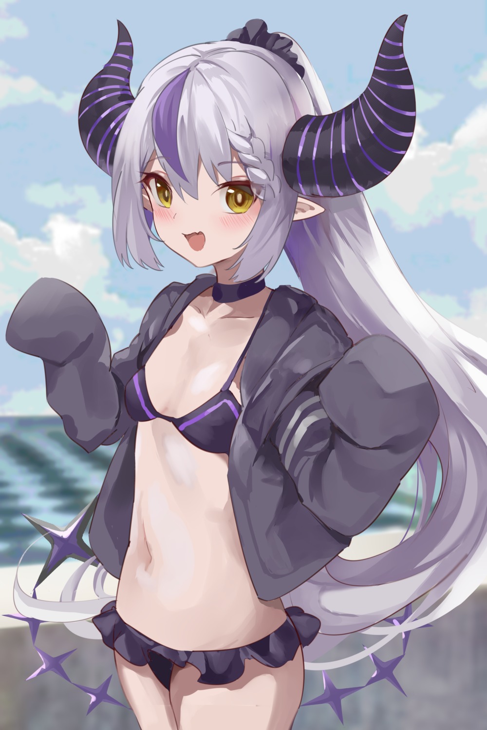 bikini hololive hololive_english horns kananote la+_darknesss loli open_shirt pointy_ears swimsuits tail