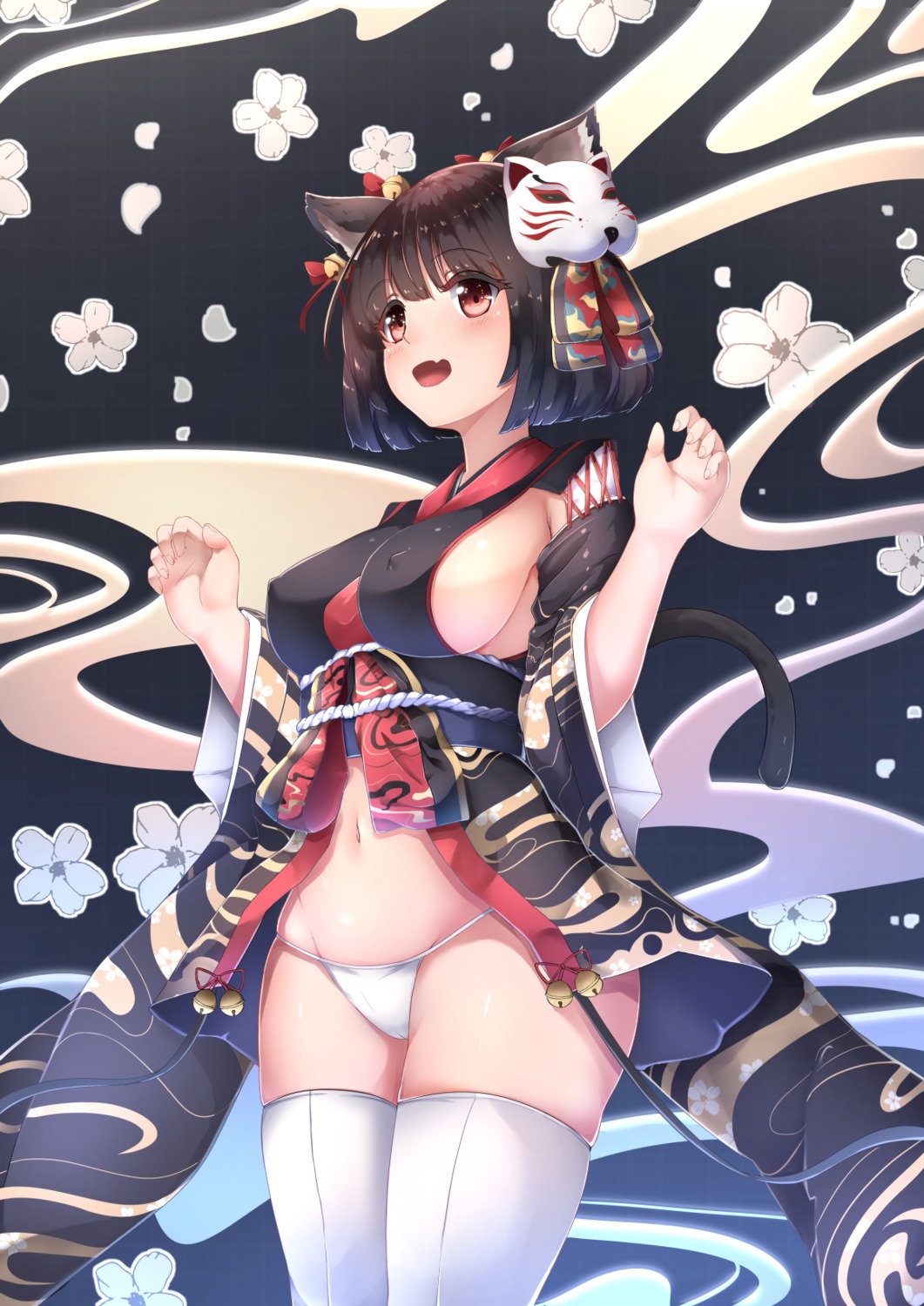 animal_ears azur_lane chahei erect_nipples kimono pantsu tail thighhighs yamashiro_(azur_lane)