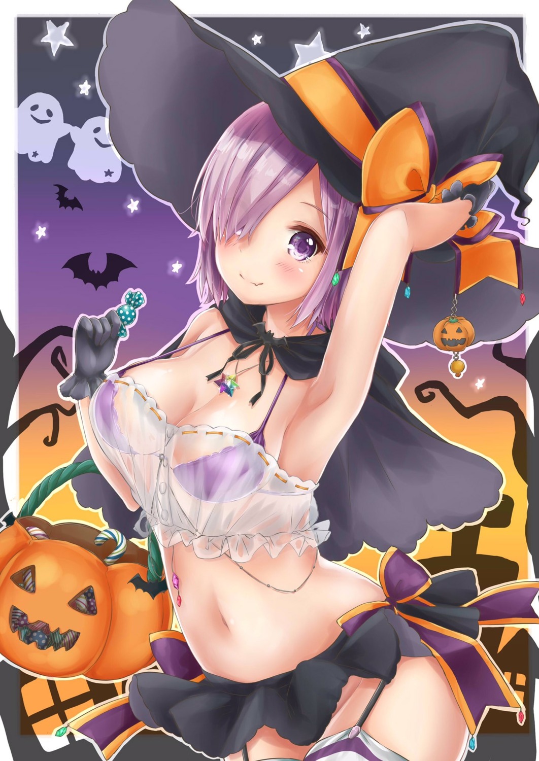 bikini_top fate/grand_order halloween mash_kyrielight mikujin_(mikuzin24) see_through stockings swimsuits thighhighs witch