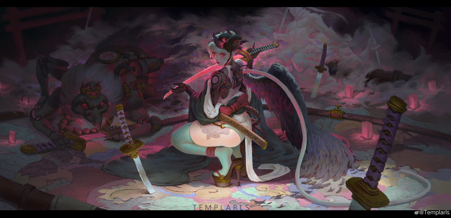 ass heels japanese_clothes no_bra sword tattoo templarls thighhighs watermark wings