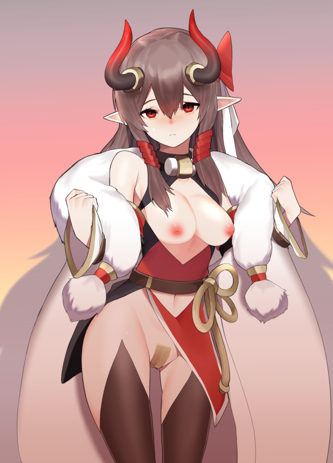 bobby36446329 breasts horns japanese_clothes maebari nipples no_bra nopan open_shirt pointy_ears thighhighs undressing