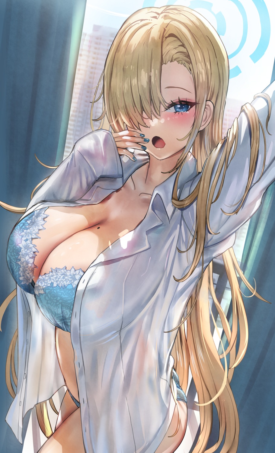 blue_archive bra dress_shirt halo himoata ichinose_asuna open_shirt pantsu see_through