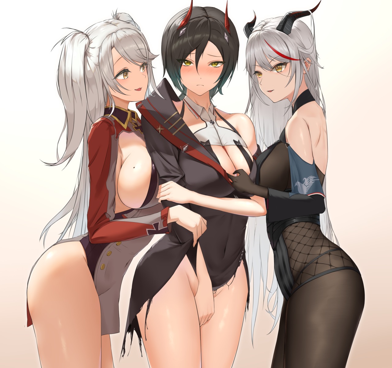 aegir_(azur_lane) azur_lane bodysuit breast_hold fishnets horns ningri_(lianyungangwyz) no_bra nopan prinz_eugen_(azur_lane) symmetrical_docking torn_clothes ulrich_von_hutten_(azur_lane) uniform