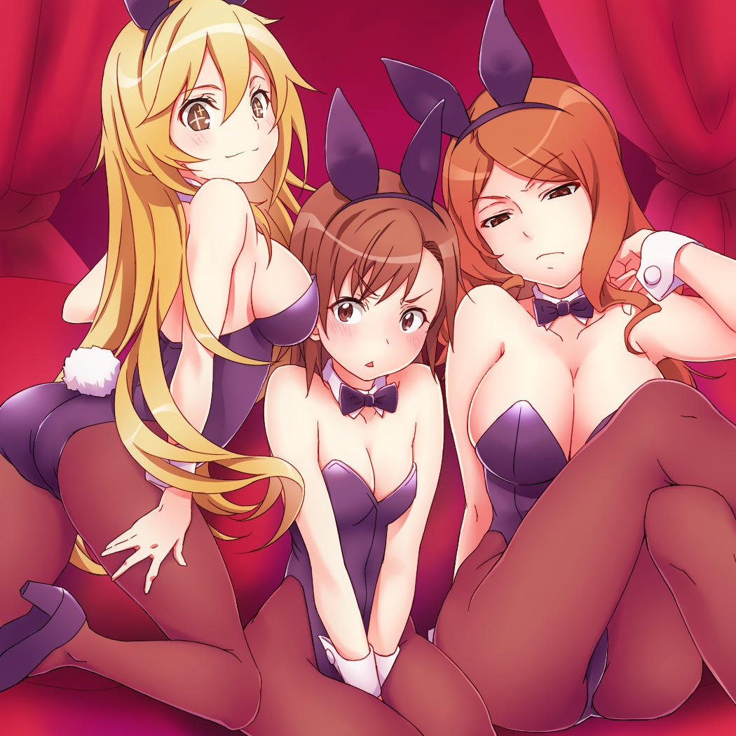 animal_ears bunny_ears bunny_girl cleavage misaka_mikoto mugino_shizuri pantyhose shokuhou_misaki to_aru_kagaku_no_railgun to_aru_majutsu_no_index touryou