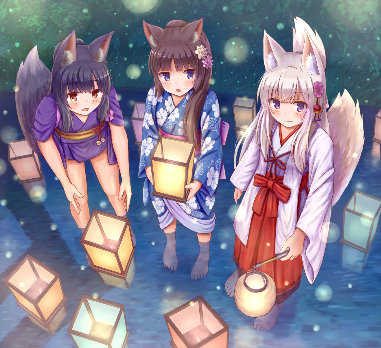 animal_ears iroha_(iroha_matsurika) kitsune miko nekomimi tail wet wet_clothes yukata