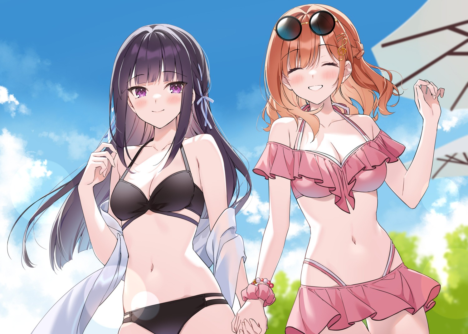 bikini cleavage kuroki_(ma-na-tu) megane swimsuits yuri