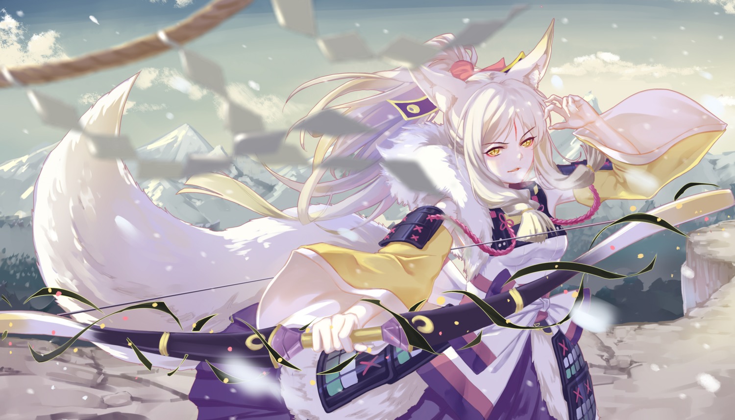 animal_ears armor hakuro_(onmyouji) japanese_clothes onmyouji shan-n tail weapon