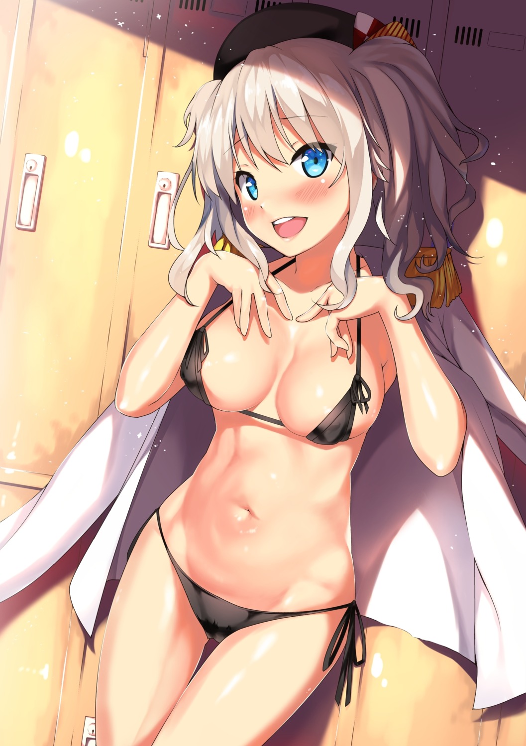 bikini cameltoe cleavage erect_nipples kantai_collection kashima_(kancolle) kawai open_shirt swimsuits uniform