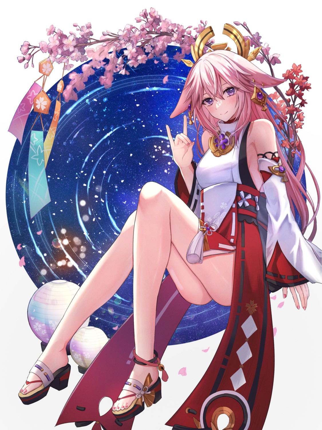 animal_ears genshin_impact japanese_clothes kitsune no_bra shiroichigo skirt_lift yae_miko