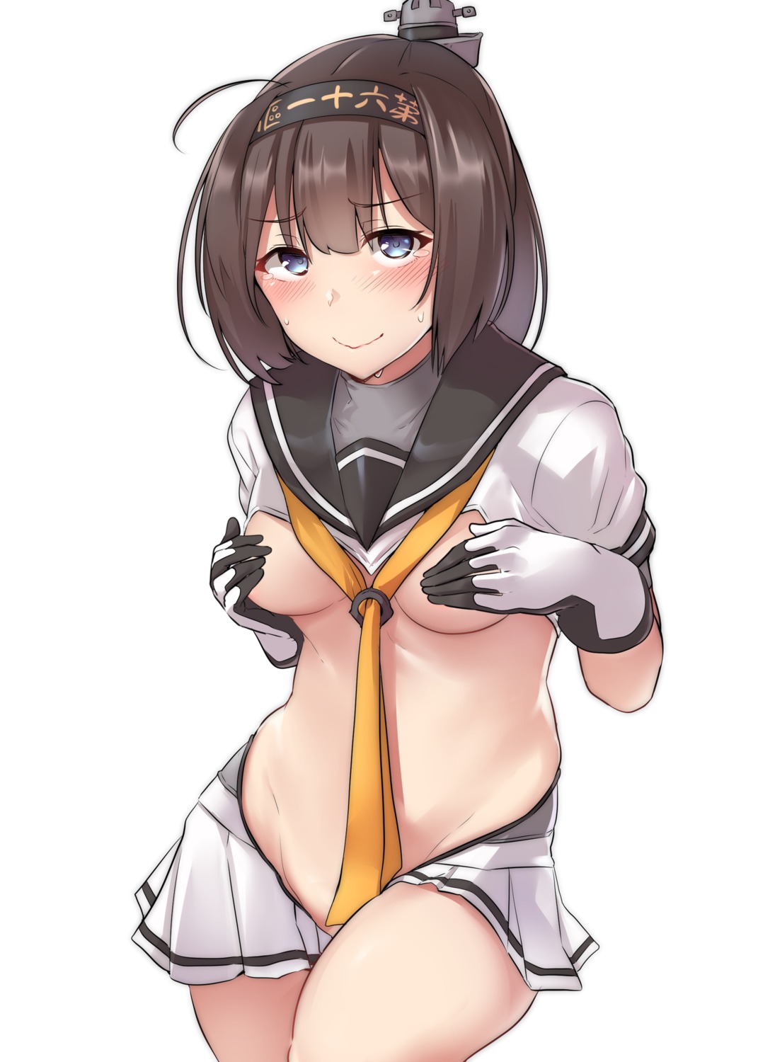 akizuki_(kancolle) breast_hold breasts kantai_collection kiritto no_bra nopan seifuku