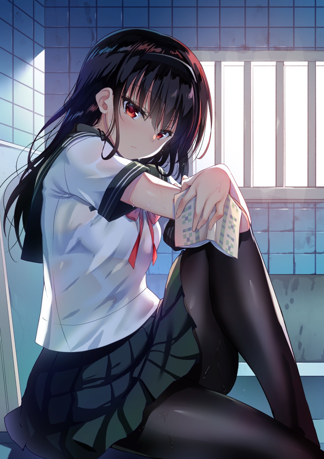 bra pantyhose sansyoku_amido. see_through seifuku skirt_lift wet wet_clothes