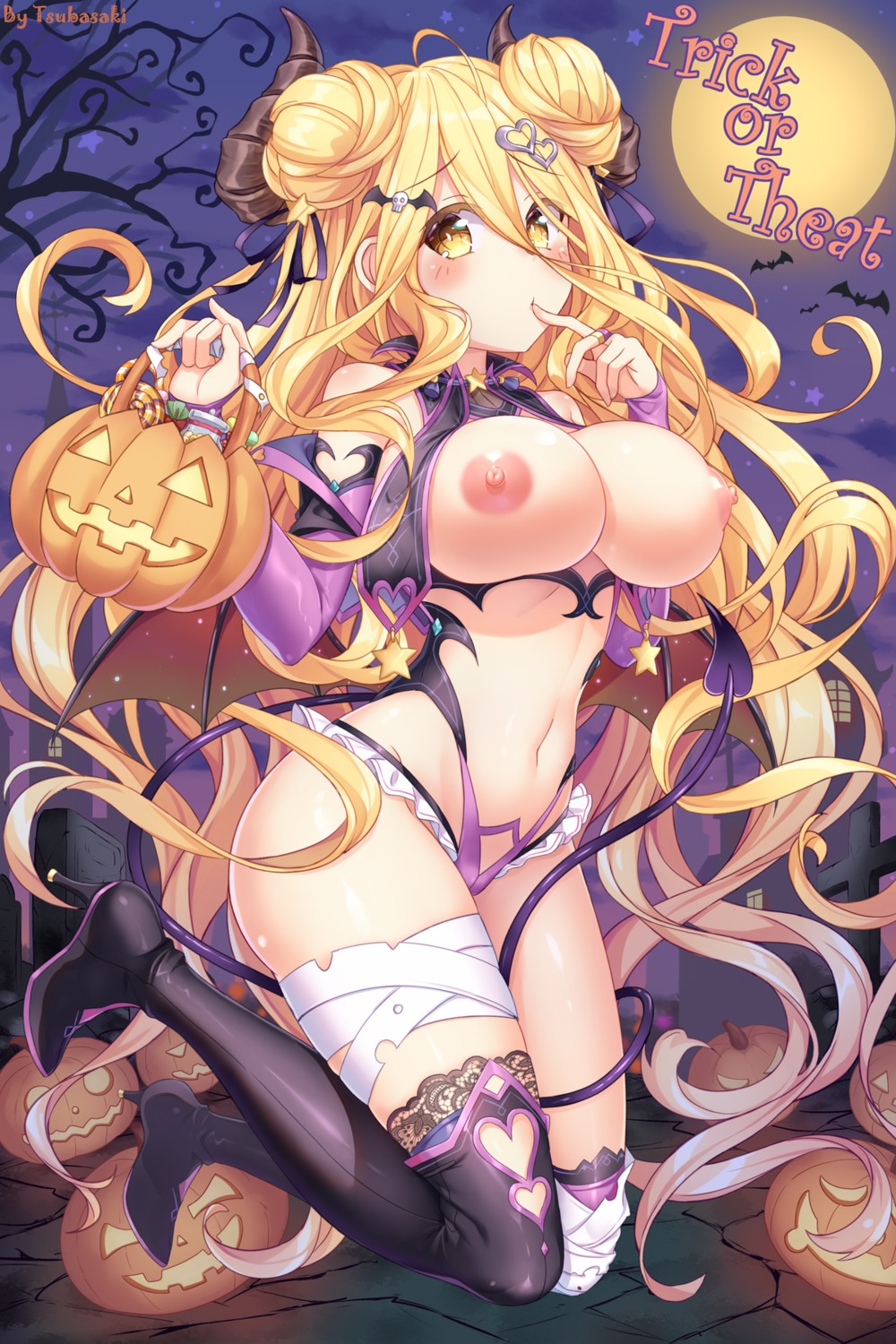 bandages breasts date_a_live halloween heels horns hoshimiya_mukuro nipples no_bra tail thighhighs tsubasaki