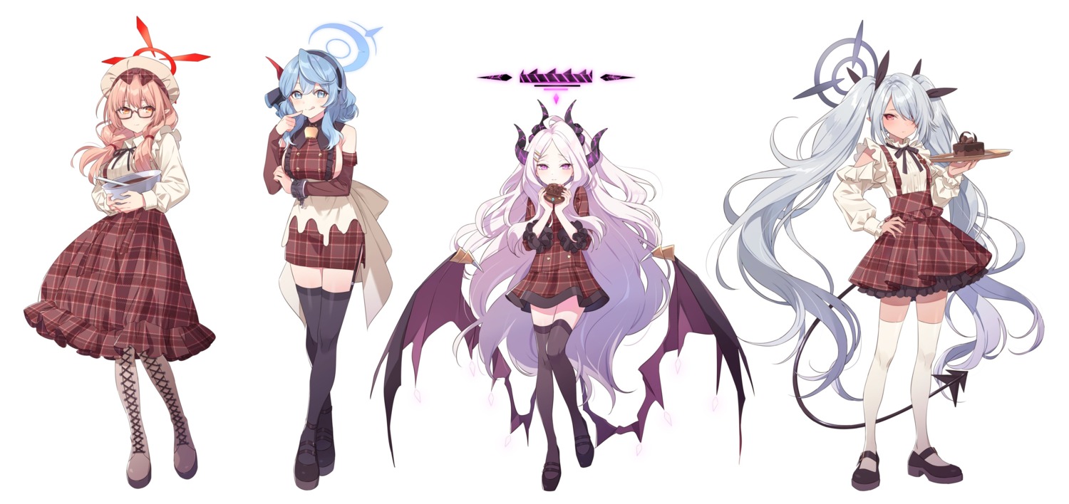 amau_ako blue_archive devil halo hechima hinomiya_chinatsu horns megane no_bra pointy_ears shiromi_iori sorasaki_hina tail thighhighs waitress wings