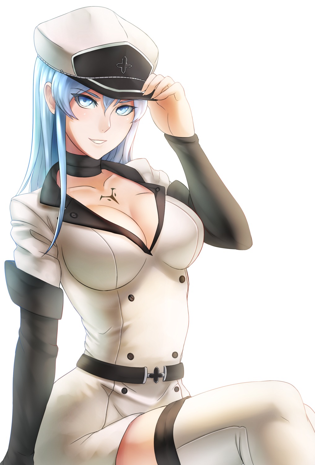 akame_ga_kill! cleavage esdeath ragecndy tattoo thighhighs uniform