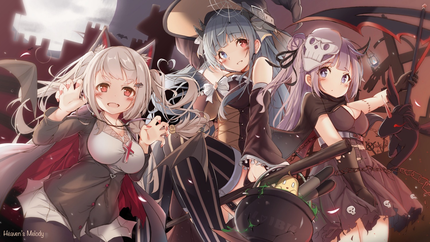 animal_ears azur_lane cleavage dress halloween heaven's_melody heterochromia ibuki_(azur_lane) manjuu_(azur_lane) pantyhose stockings thighhighs torn_clothes unicorn_(azur_lane) wings witch yuudachi_(azur_lane)