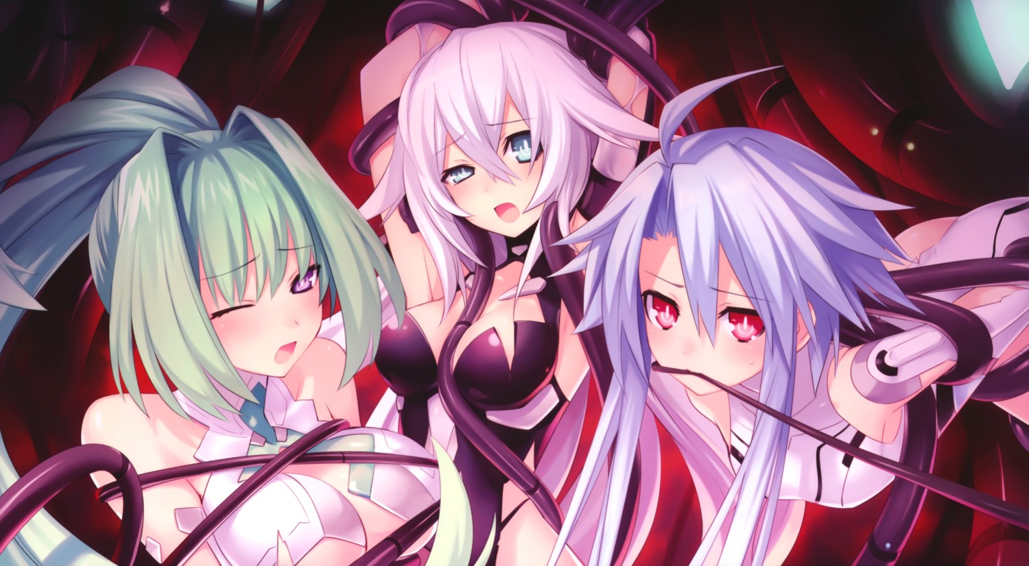 black_heart blanc bodysuit bondage choujigen_game_neptune choujigen_game_neptune_mk2 cleavage green_heart noire tentacles torn_clothes tsunako vert white_heart