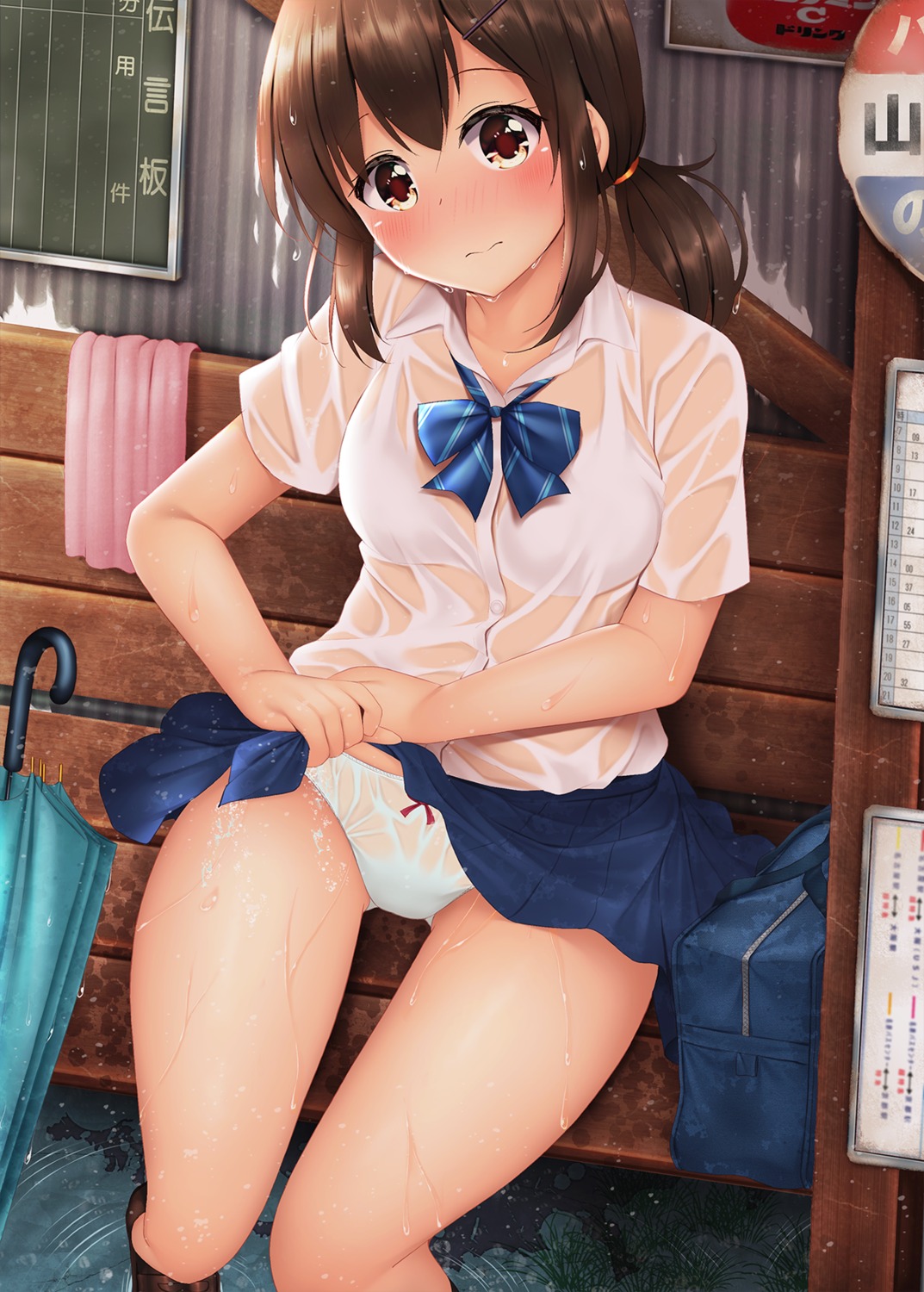 bra minato_ojitan pantsu see_through seifuku skirt_lift wet wet_clothes