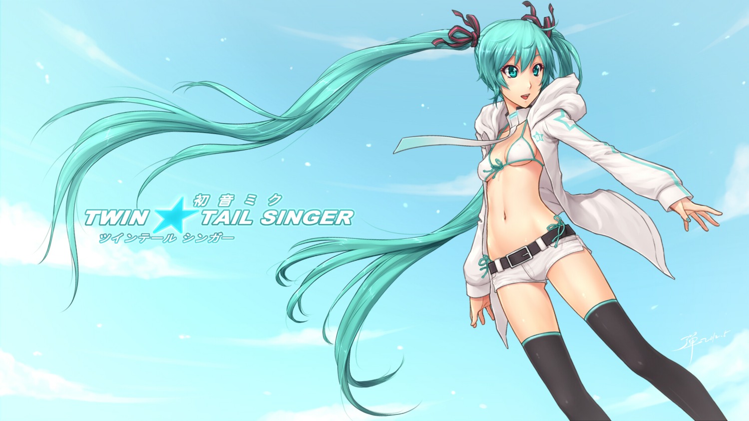 adam700403 bikini_top black_rock_shooter hatsune_miku swimsuits thighhighs vocaloid wallpaper