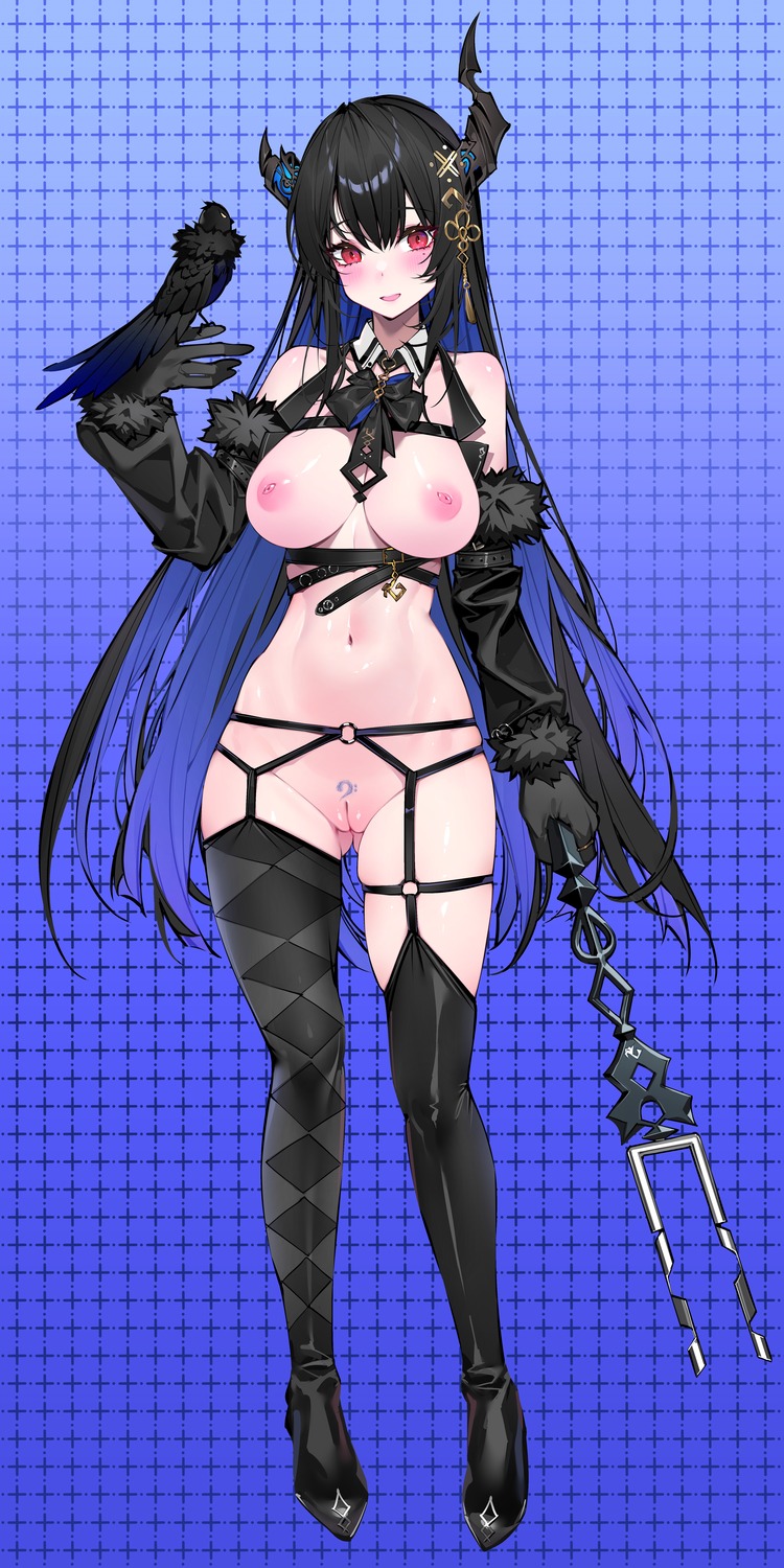 hololive hololive_english horns naked nerissa_ravencroft nipples pubic_hair pussy stockings thighhighs uncensored waterring weapon