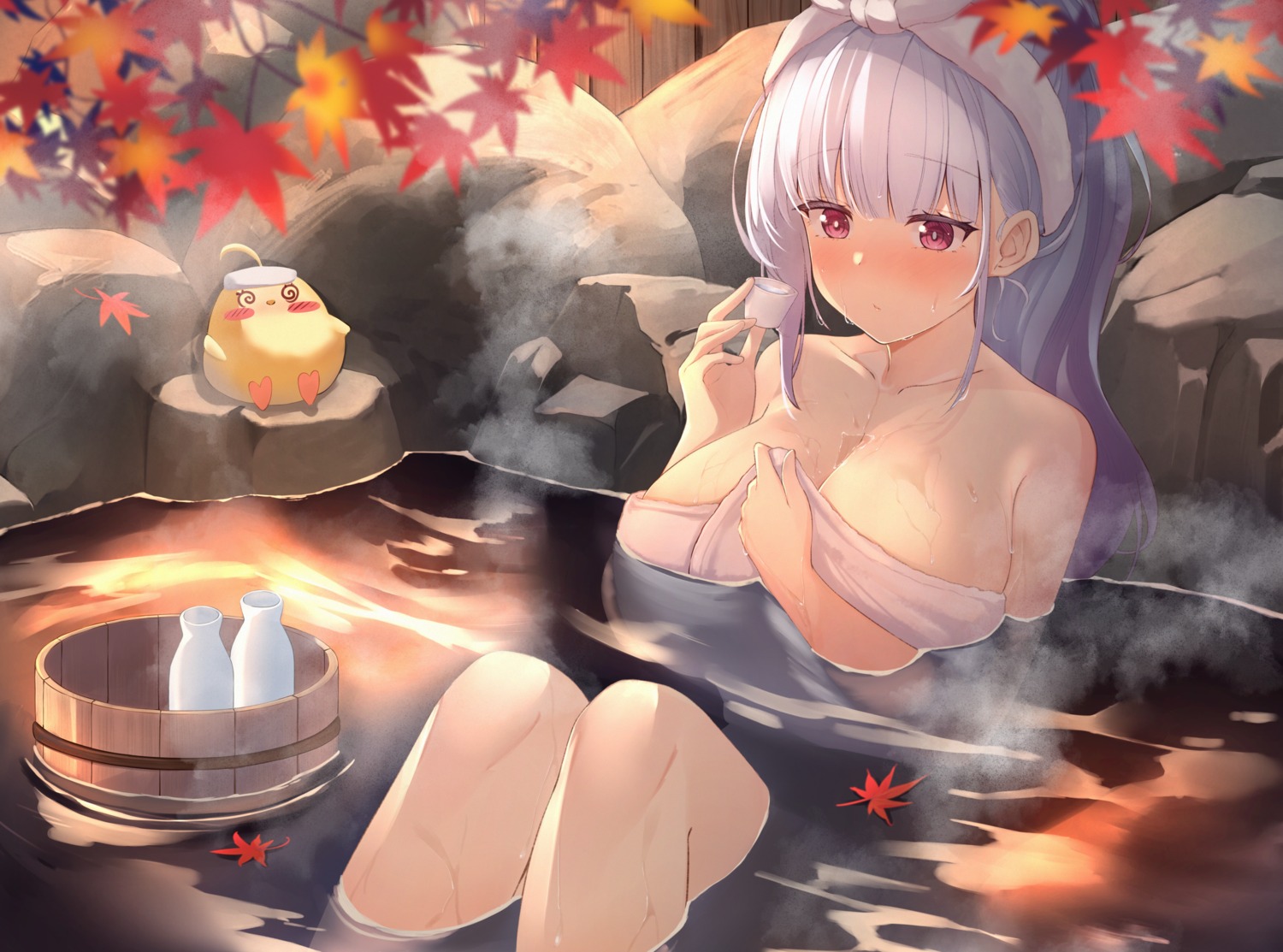 azur_lane bathing dido_(azur_lane) kanno_esuto manjuu_(azur_lane) onsen sake towel wet