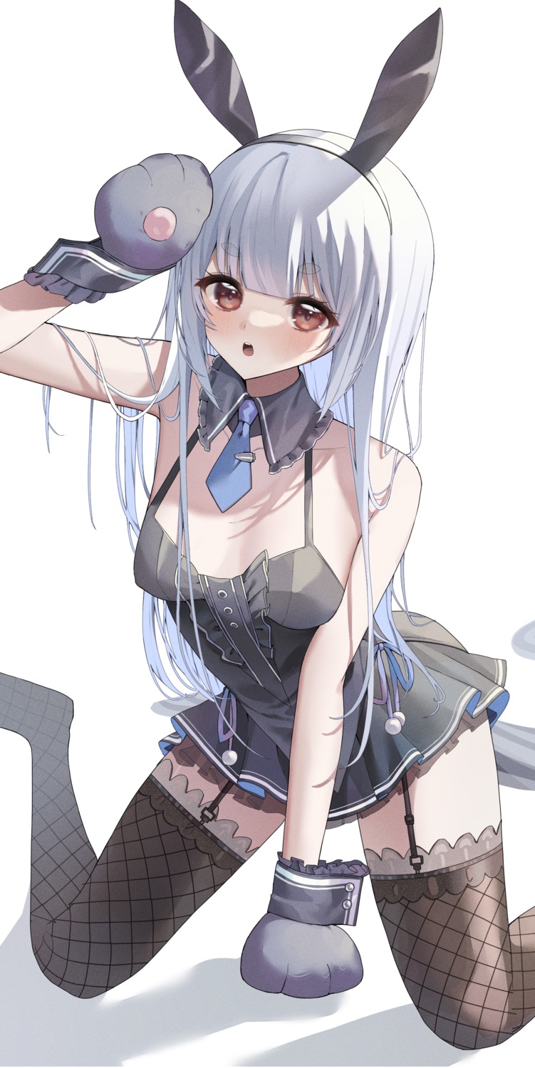 aamana0 animal_ears bunny_ears dress fishnets hololive no_bra stockings thighhighs usada_pekora