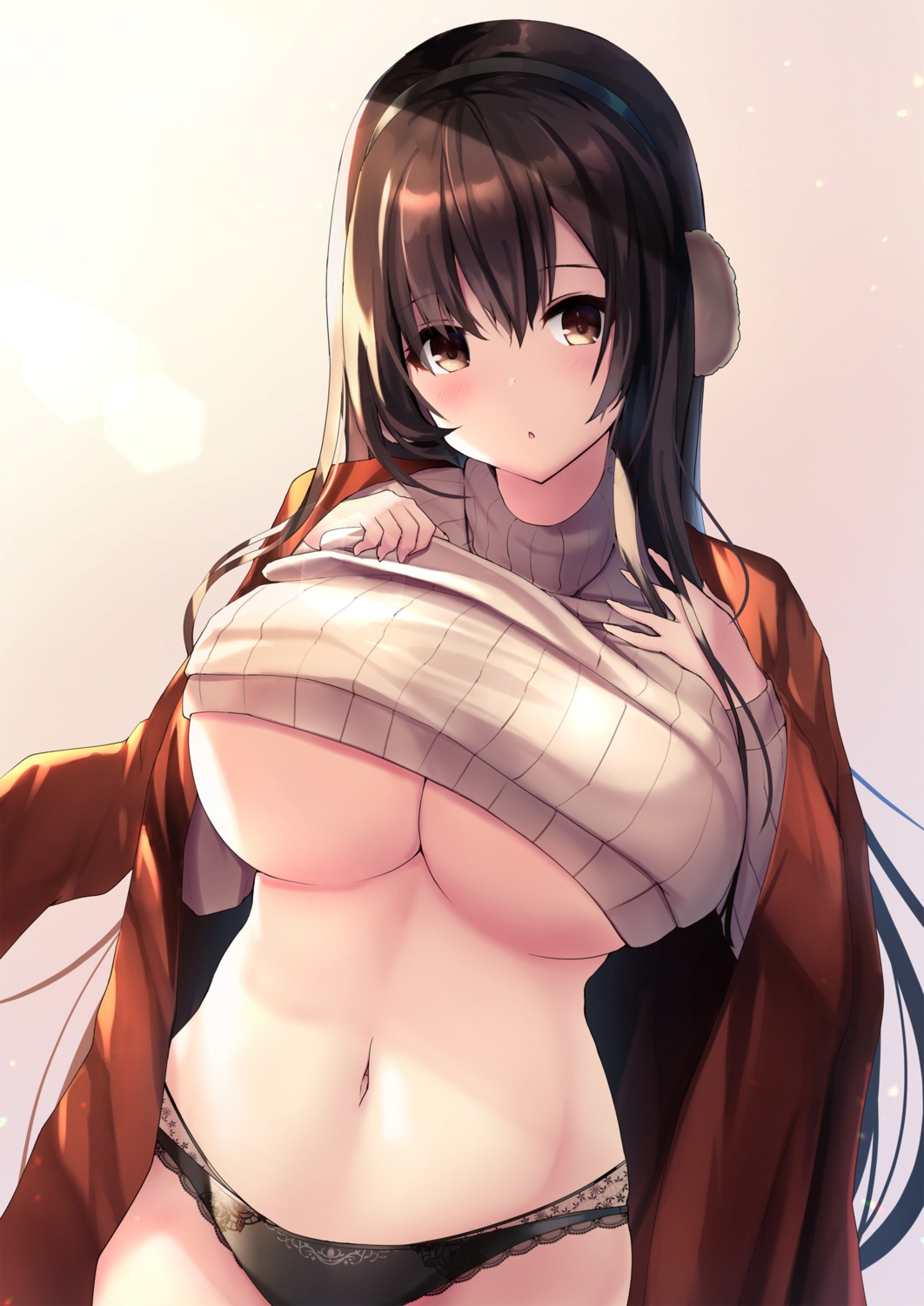 breast_hold liya no_bra pantsu shirt_lift sweater underboob undressing