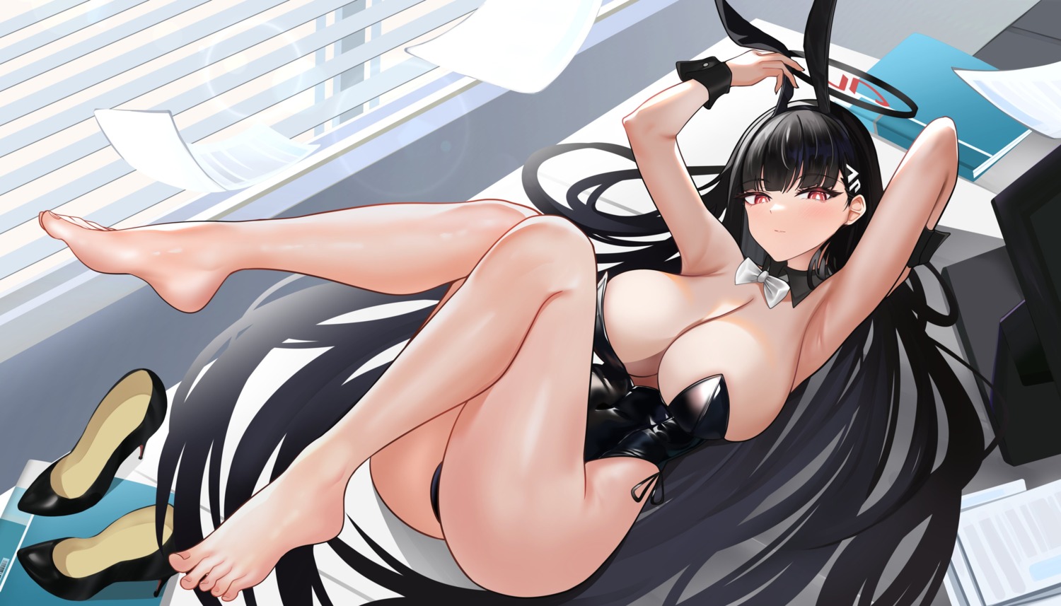 animal_ears blue_archive bunny_ears bunny_girl feet halo heels hututu jpeg_artifacts no_bra tsukatsuki_rio