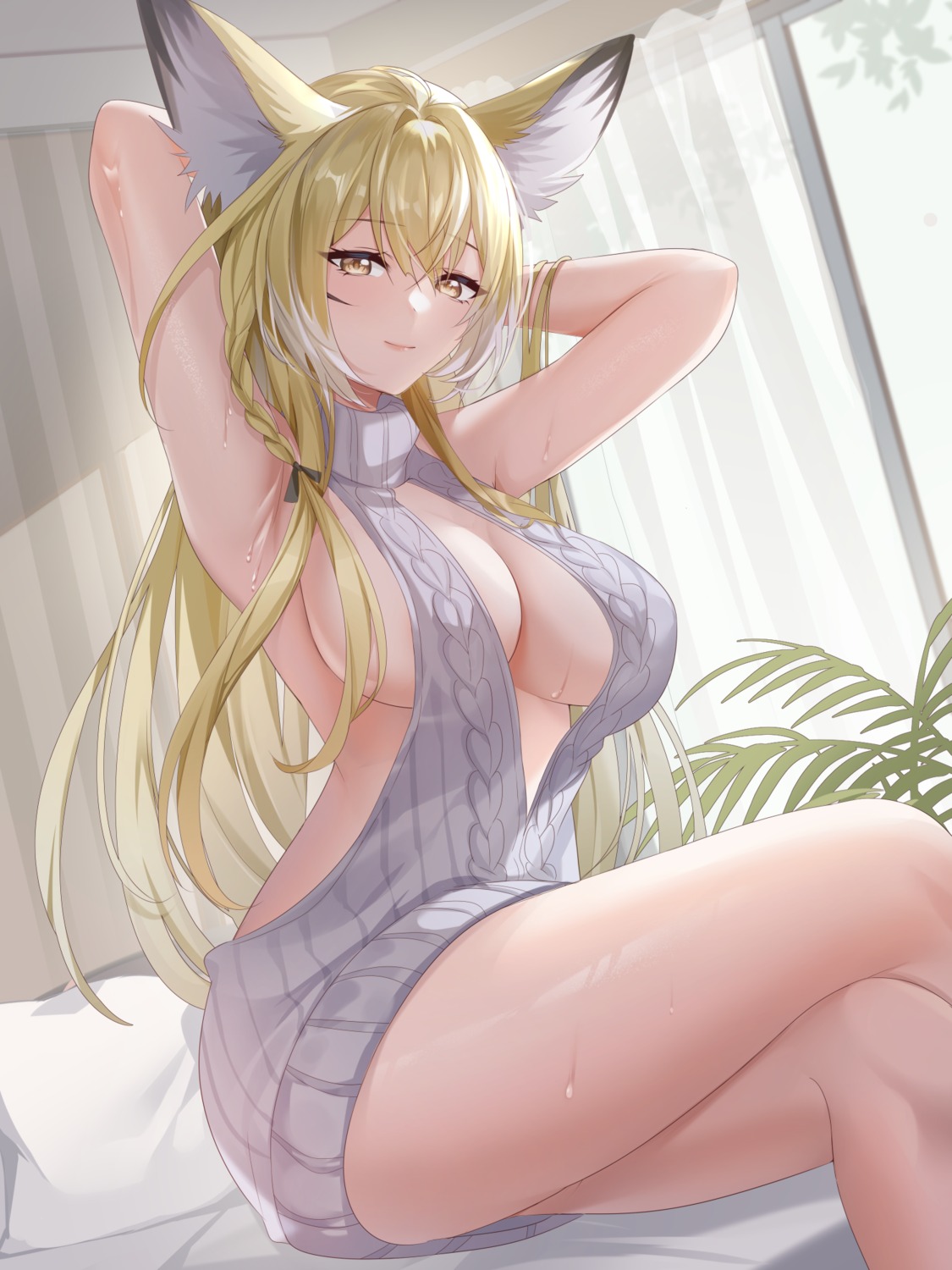 animal_ears arknights kitsune lingshalan no_bra sweater vulpisfoglia wet