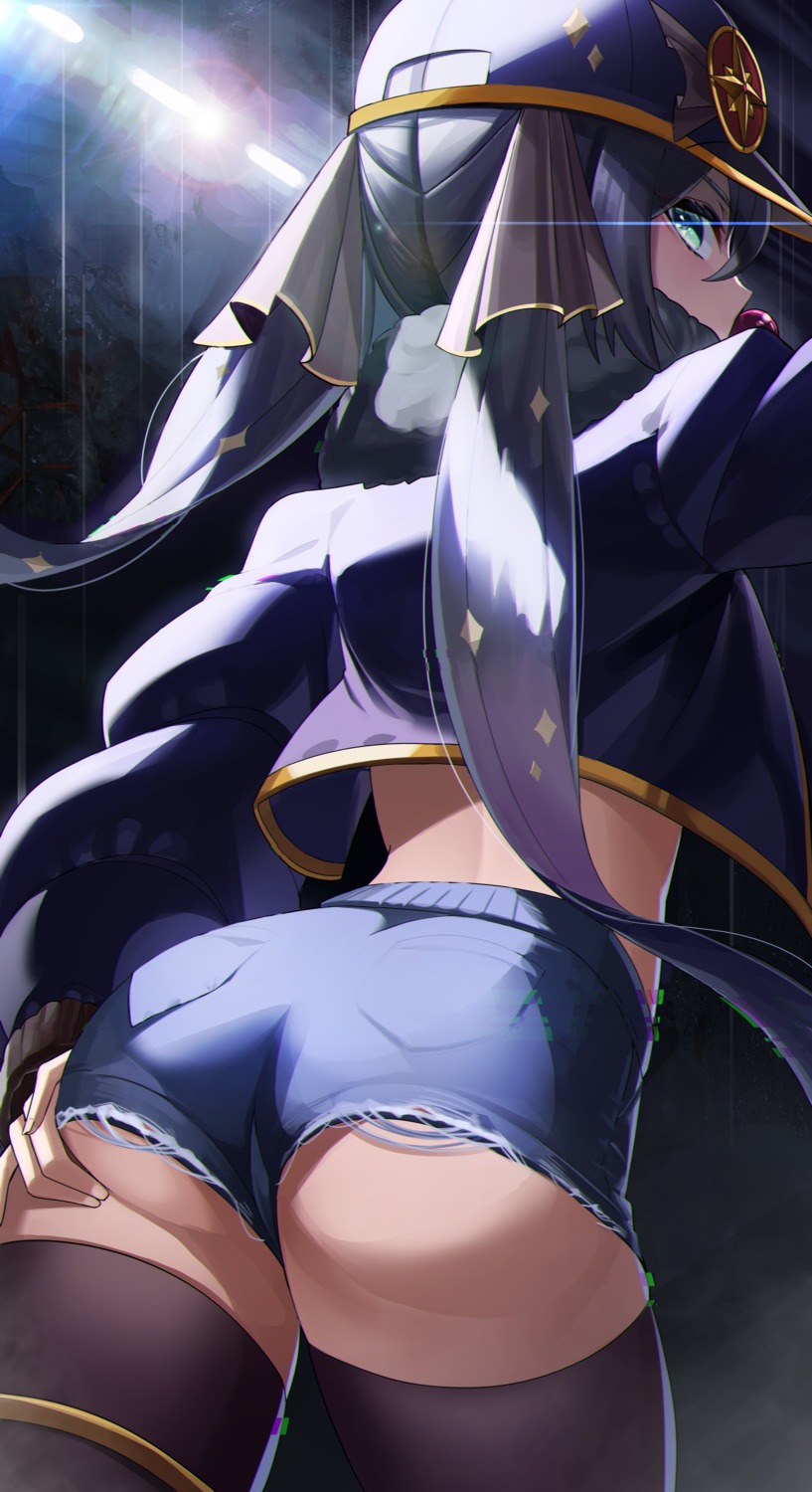 ass garter genshin_impact jsih mona_megistus thighhighs torn_clothes