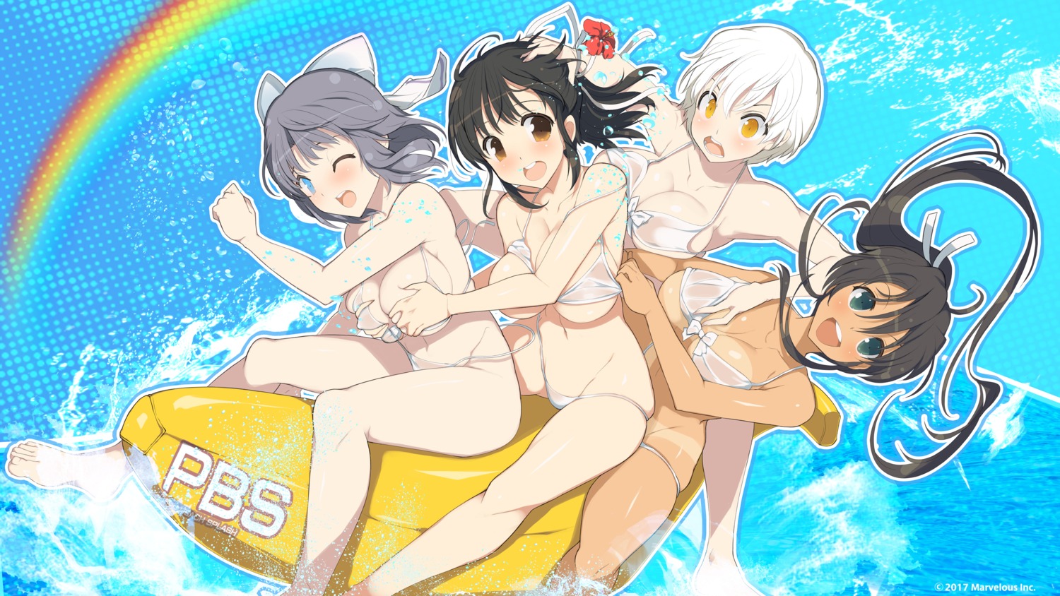 asuka_(senran_kagura) bikini breast_grab homura_(senran_kagura) miyabi_(senran_kagura) panty_pull see_through senran_kagura senran_kagura:_peach_beach_splash swimsuits tan_lines wardrobe_malfunction wet wet_clothes yaegashi_nan yumi_(senran_kagura)