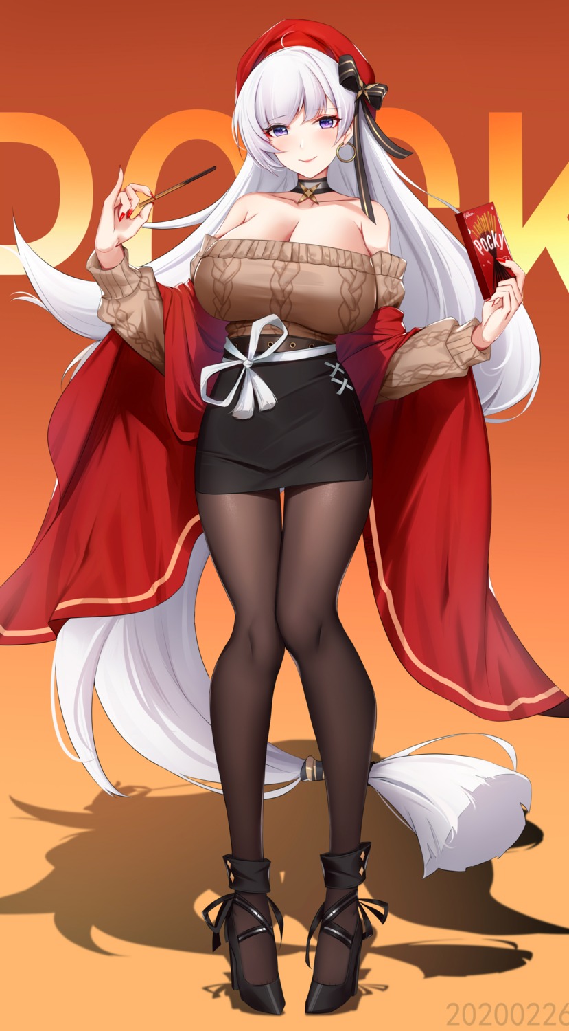 azur_lane belfast_(azur_lane) cleavage heels no_bra pantyhose sweater wu_ganlan_cai