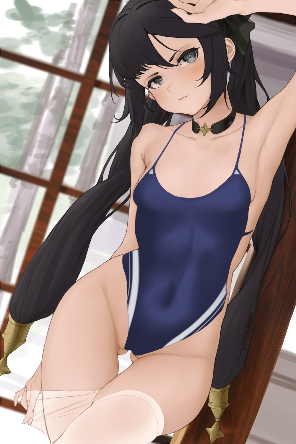 cameltoe genshin_impact l_ract mona_megistus swimsuits thighhighs undressing