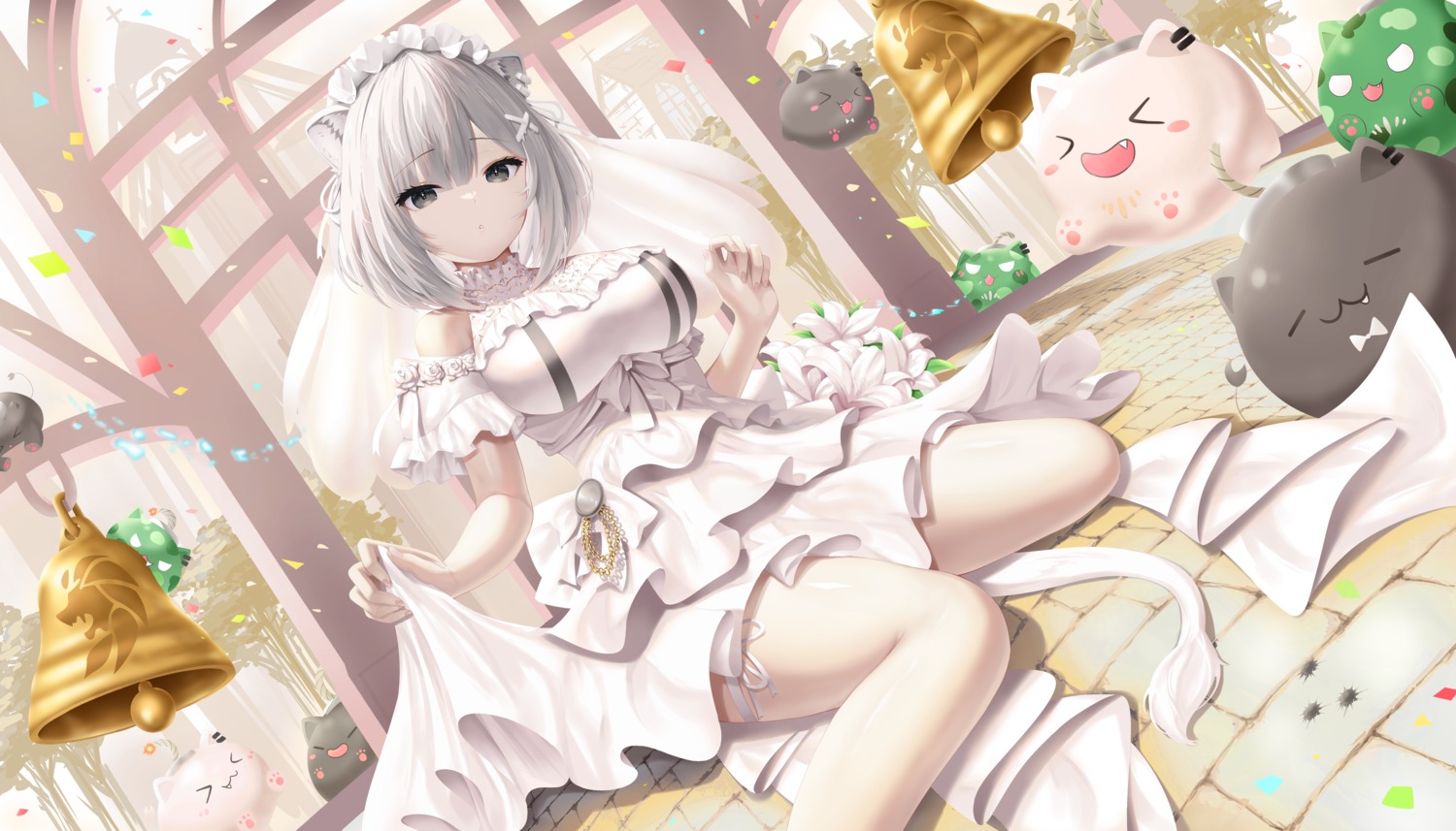 animal_ears dress garter hololive roina_(effj7473) shishiro_botan tail thighhighs wedding_dress