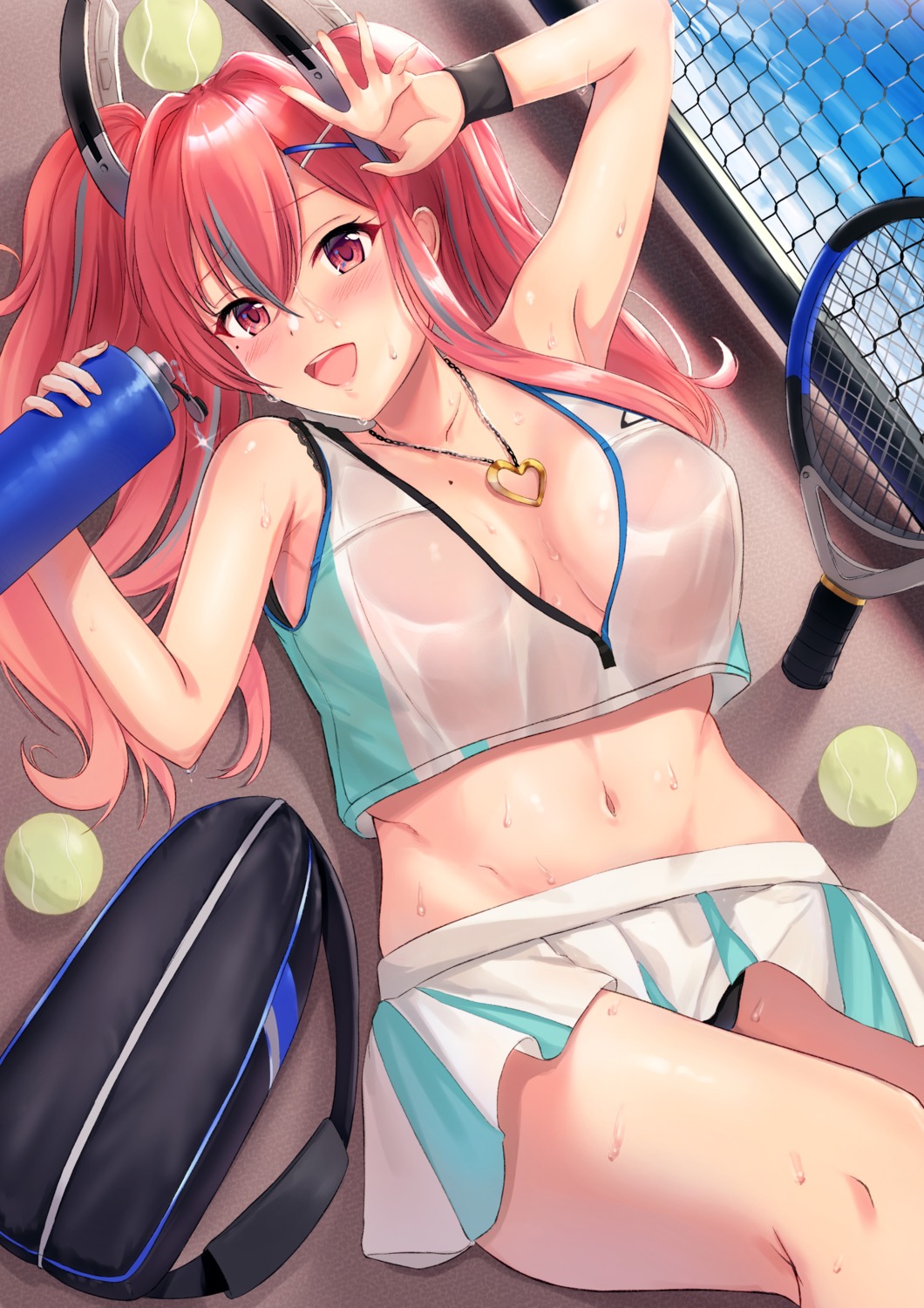 azur_lane bremerton_(azur_lane) itaba_atsushi no_bra pantsu see_through skirt_lift tennis wet wet_clothes