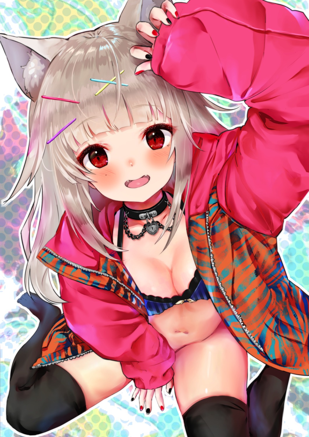 animal_ears bottomless bra cleavage nekomimi open_shirt rasukii_(pamiton) thighhighs