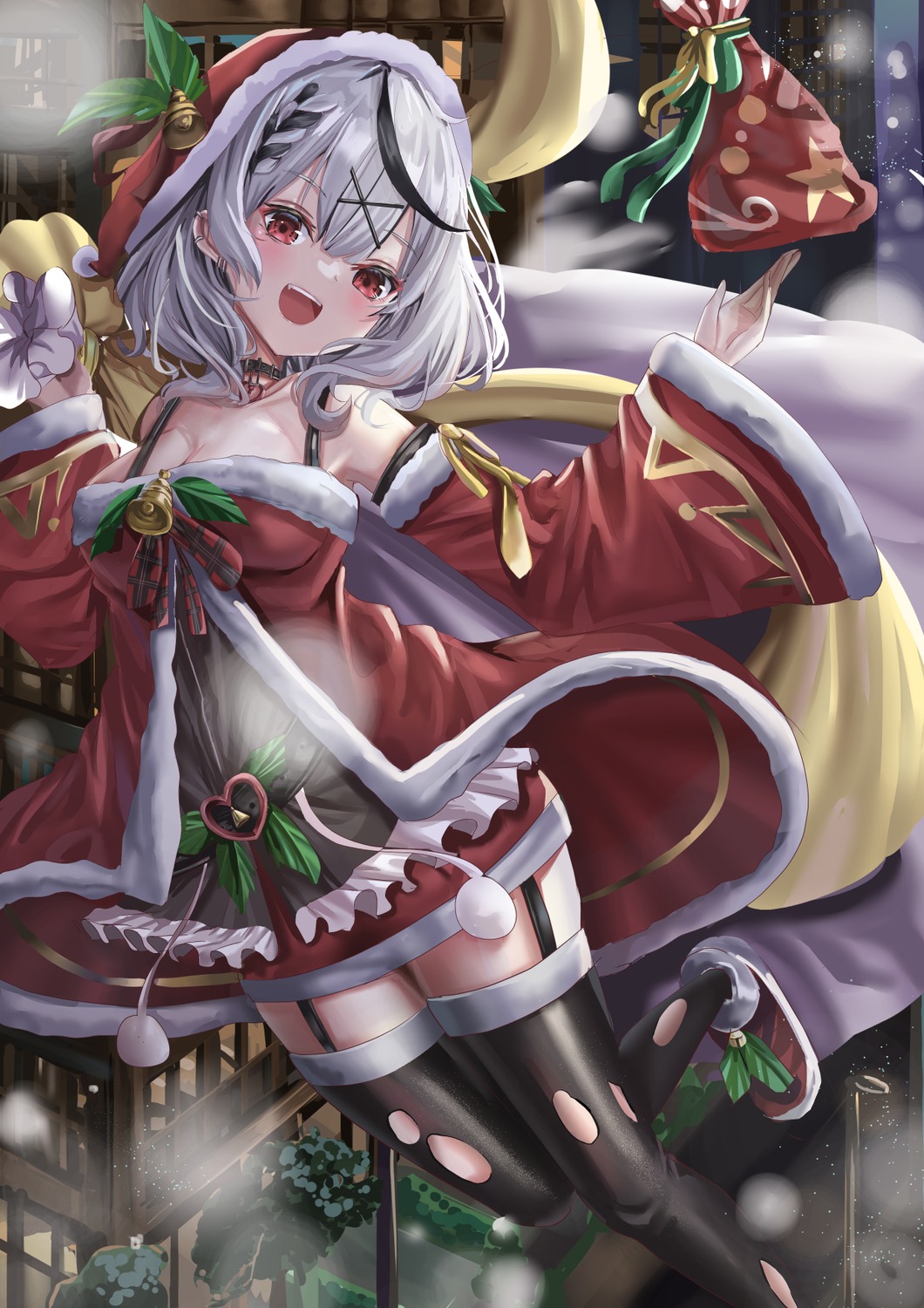 christmas cleavage hololive sakamata_chloe shigiroid stockings thighhighs torn_clothes