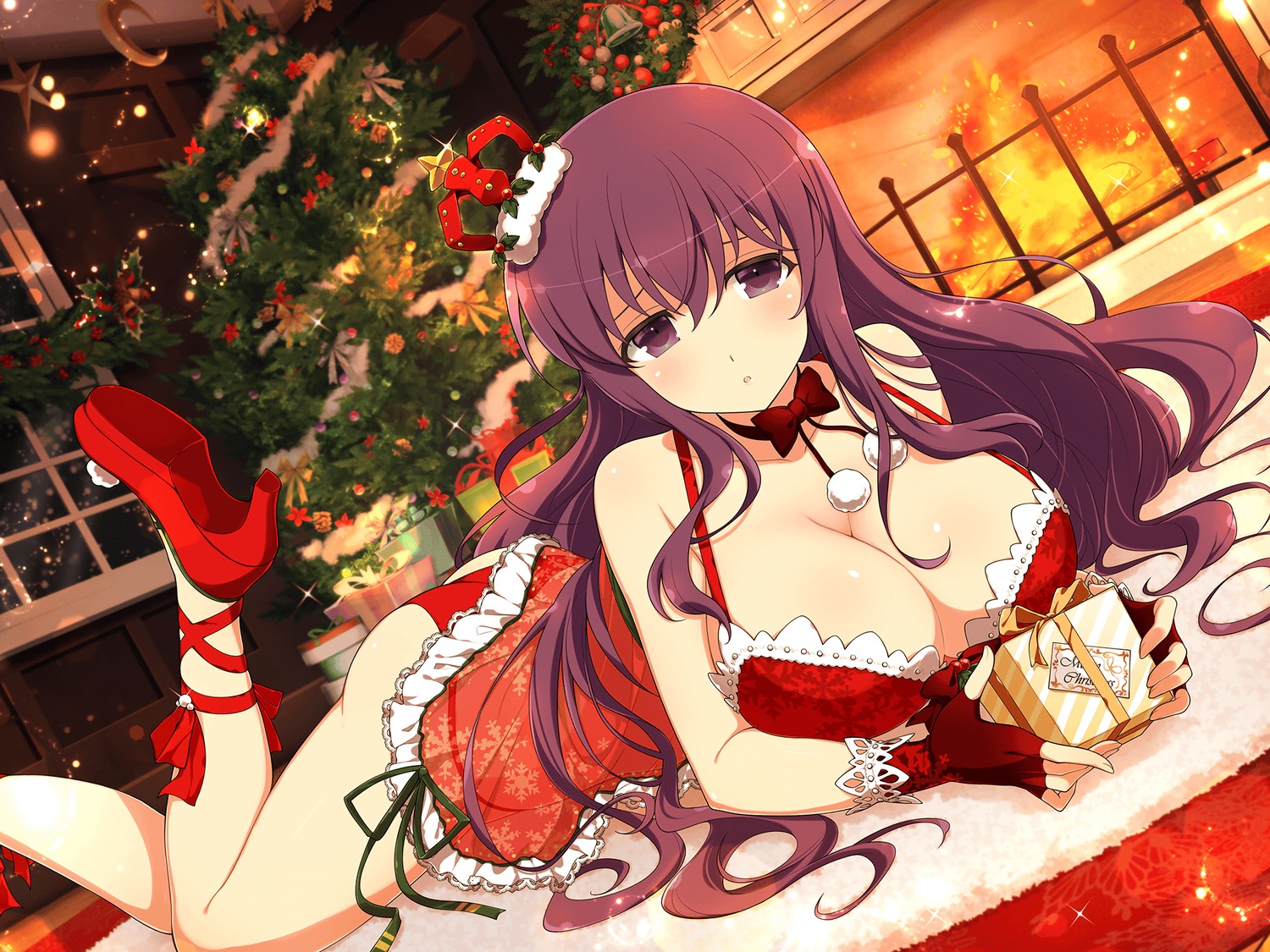 christmas heels lingerie murasaki_(senran_kagura) no_bra pantsu senran_kagura senran_kagura:_new_link skirt_lift yaegashi_nan