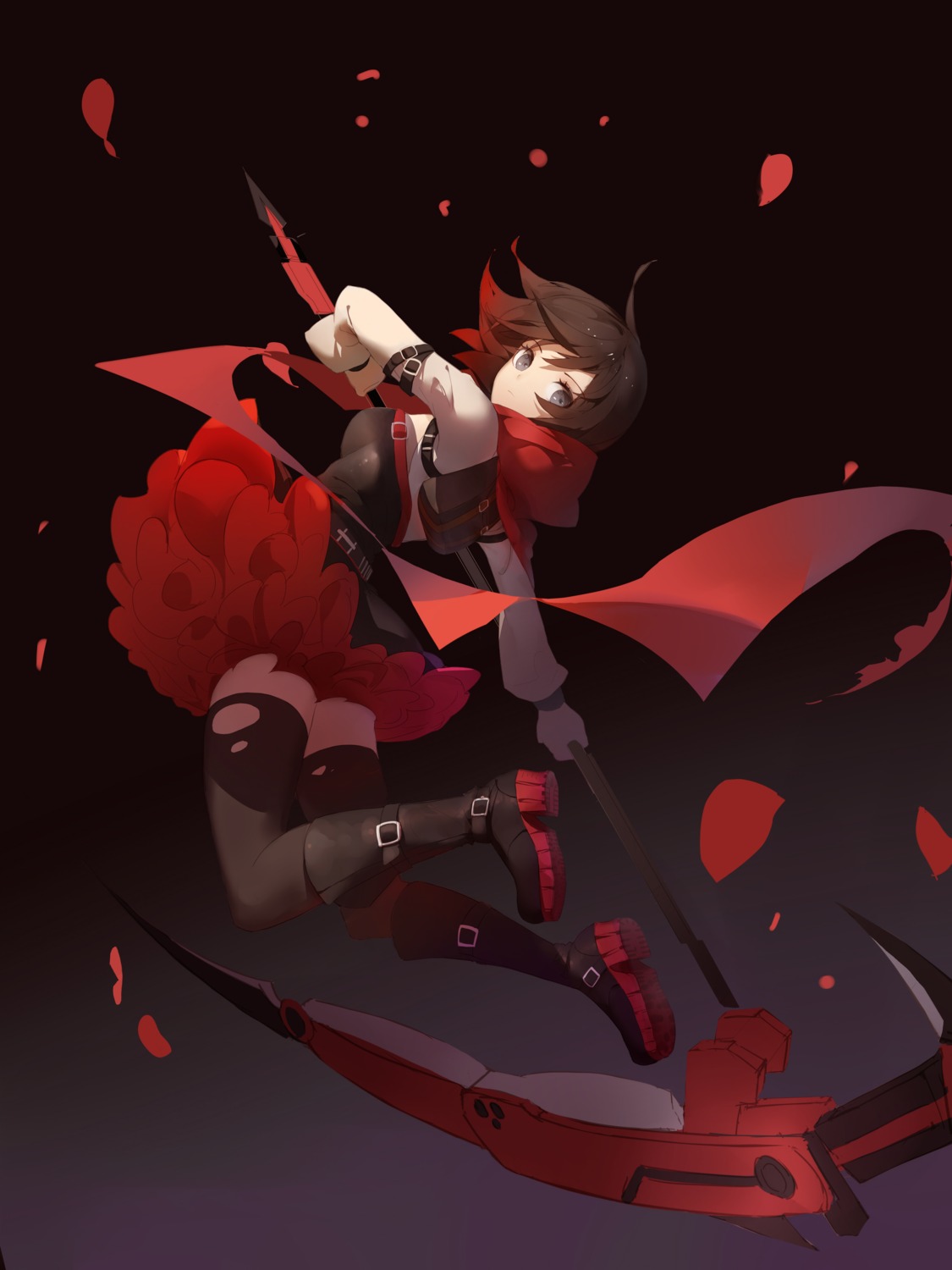 dress red_flowers ruby_rose rwby thighhighs torn_clothes weapon