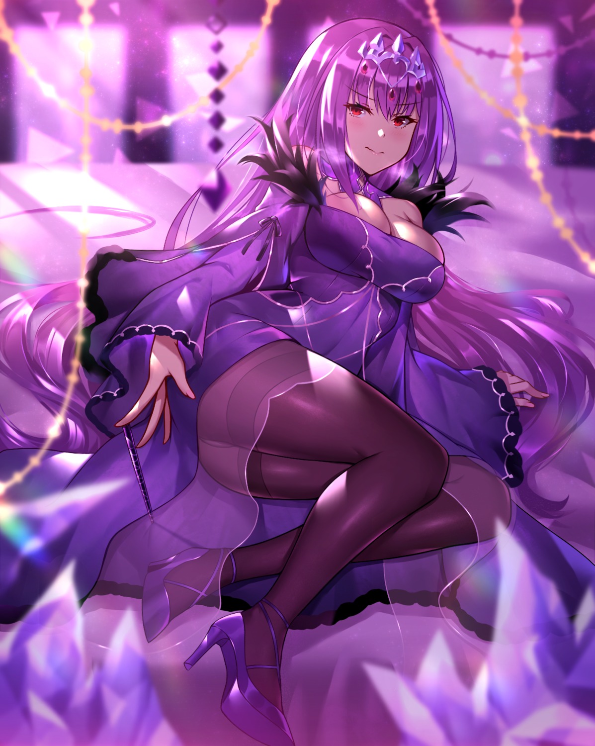 black_fire cleavage dress fate/grand_order heels pantyhose scathach_skadi